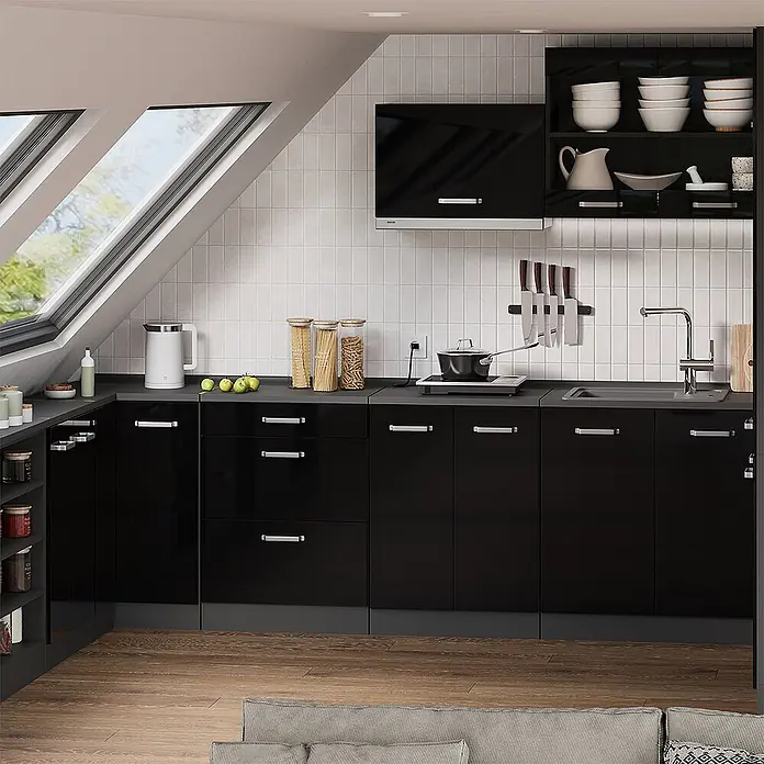 Vicco Küchenschrank für Dachschrägen R-Line, Schwarz Hochglanz, 60 cm - 
