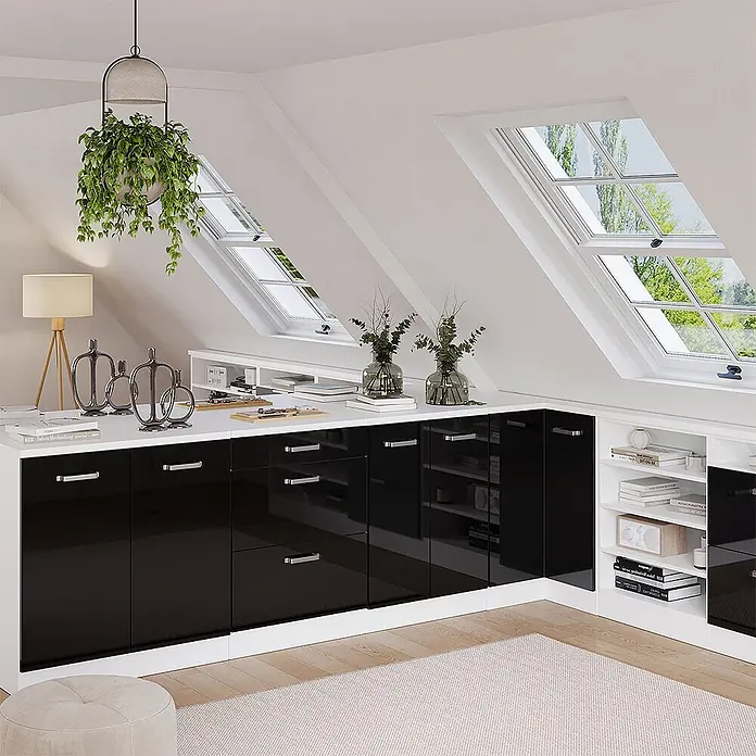 Vicco Küchenschrank für Dachschrägen R-Line, Schwarz Hochglanz, 60 cm - 