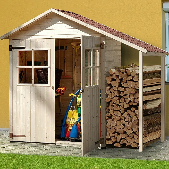 Weka Gartenschrank mit Schleppdach - L x B: 87 x 224 cm, Wandstärke: 14 mm - Gartenschuppen mit offenstehender Tür, gefüllt mit Gartengeräten, neben einem Holzschuppen. Ideal zur Gartenorganisation.