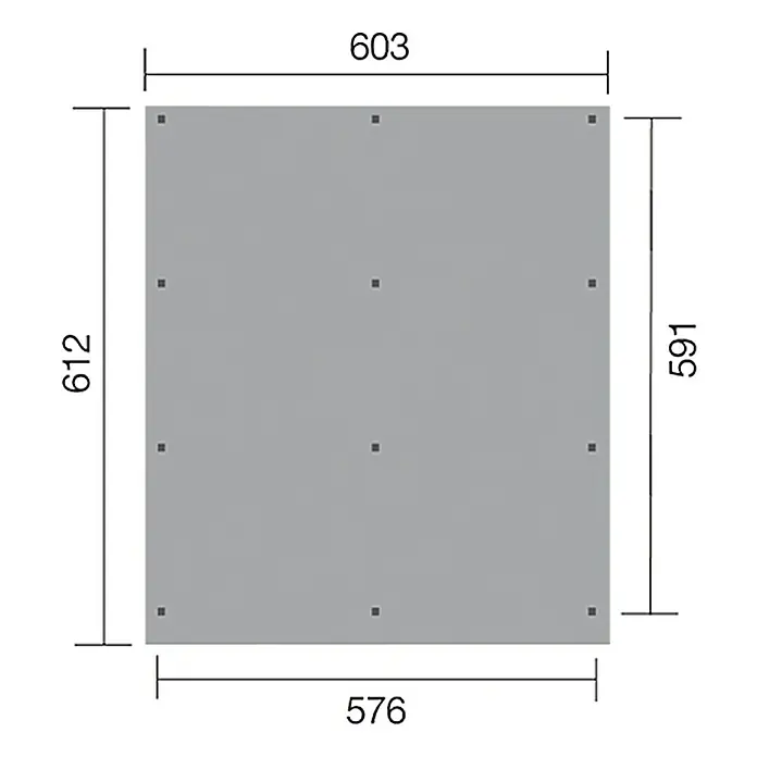 Weka Carport Optima Duo - Außenmaß inkl. Dachüberstand (B x T): 6,03 x 6,12 m, Doppelcarport, Kesseldruckimprägniert - Die Abbildung zeigt eine technische Zeichnung einer grauen rechteckigen Platte mit den Maßen 603 x 612 bzw. 576 x 591.