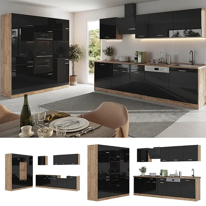 Küchenzeile R-Line 180 cm Schwarz Hochglanz Art.-Nr. 66231 - 