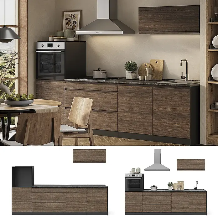 Küchenzeile R-Line 280 cm Tabak-Walnuss Art.-Nr. 70606 - 