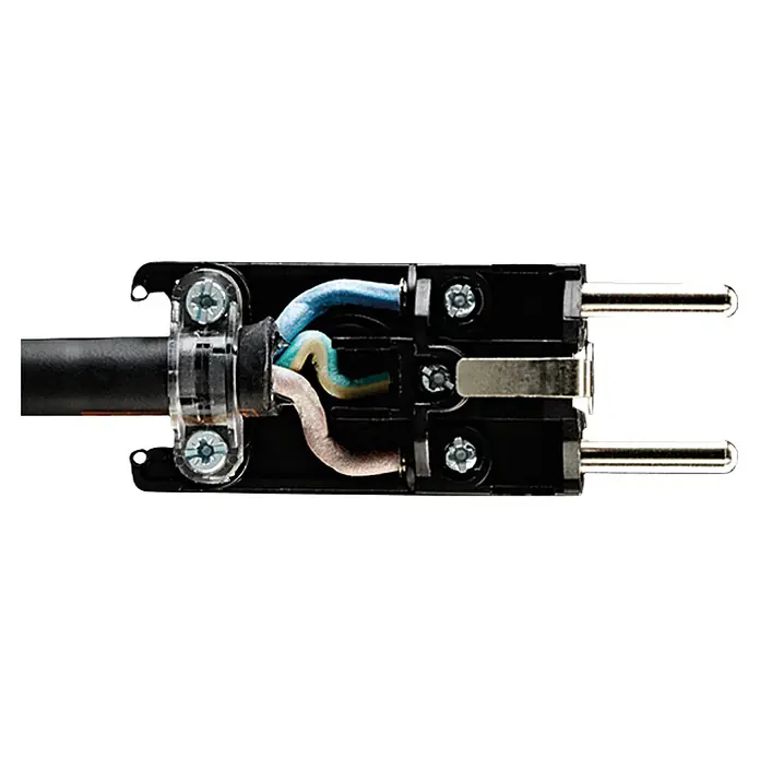 ABL Sursum Gummi-Schutzkontakt-Stecker SCHUKOultra Pro - Rot/Schwarz, 250 V, IP54 - Nahaufnahme eines zerlegten Netzsteckers, der die interne Verkabelung und die Metallstifte zeigt.