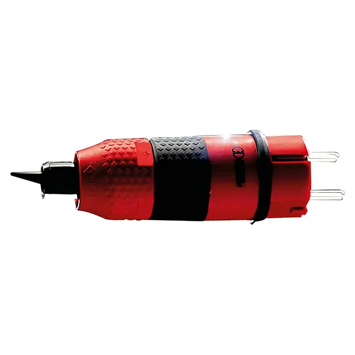 ABL Sursum Gummi-Schutzkontakt-Stecker SCHUKOultra Pro - Rot/Schwarz, 250 V, IP54 - Detailaufnahme eines roten Viehmarkierers mit schwarzer Gummierung für den Griff und zwei Stiften am Ende.