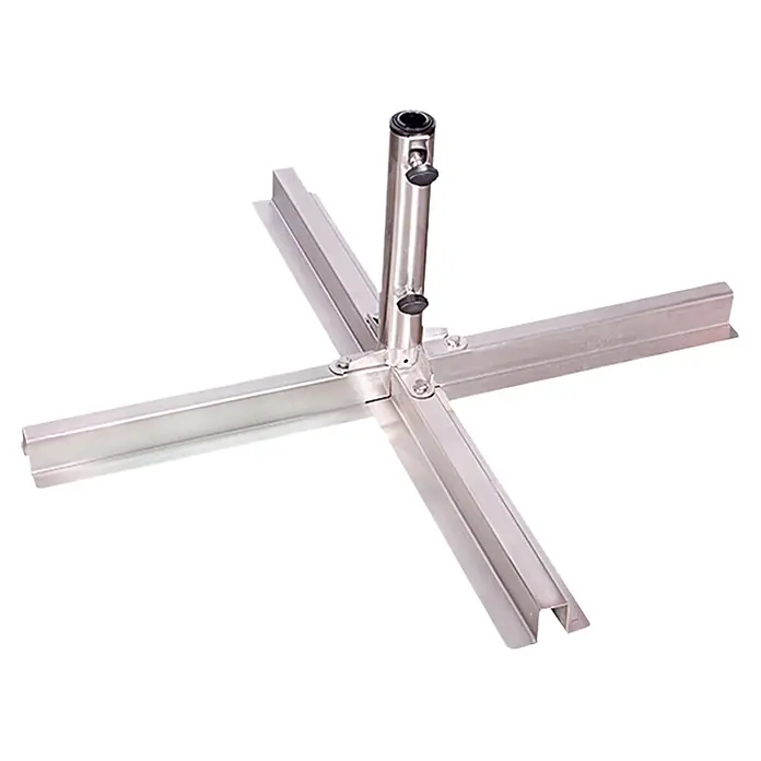 Plattenständer - Passend für: Schirme bis Ø 400 cm, Edelstahl - Ein stabiler, silberfarbener Sonnenschirmständer mit einem robusten Kreuzfuß und einer Halterung für den Schirmmast.