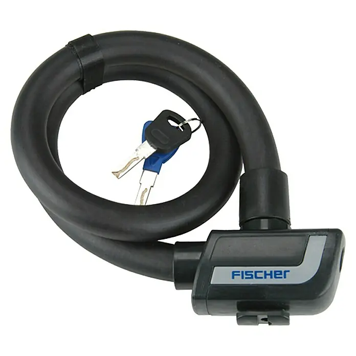 Fischer Seilschloss - Länge: 85 cm, Durchmesser: 23 mm - Ein schwarzes Fischer Fahrradkabelschloss mit Schlüsseln für erhöhte Sicherheit und Diebstahlschutz.