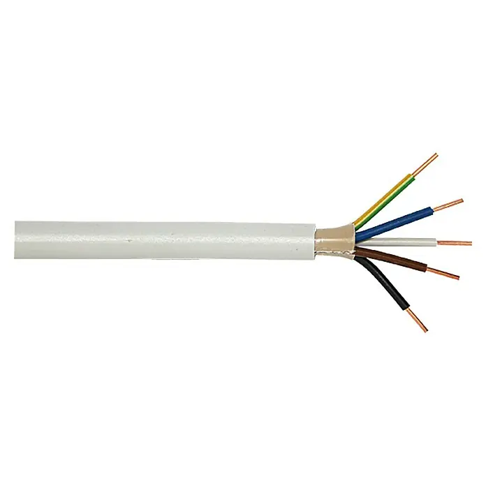 Mantelleitung NYM-J 5x1,5 mm² - Anzahl Adern: 5, 1,5 mm², 5 m - Ein detailliertes Bild eines Stromkabels mit verschiedenen farbigen Einzeladern, das für die Stromübertragung verwendet wird.