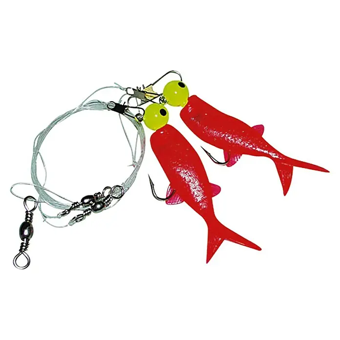 Westline PilkvorfachGröße: 4/0, 2 Stk. - Zwei rote Fischköder mit gelben Augen und Angelschnur. Ideal für den nächsten Angelausflug.