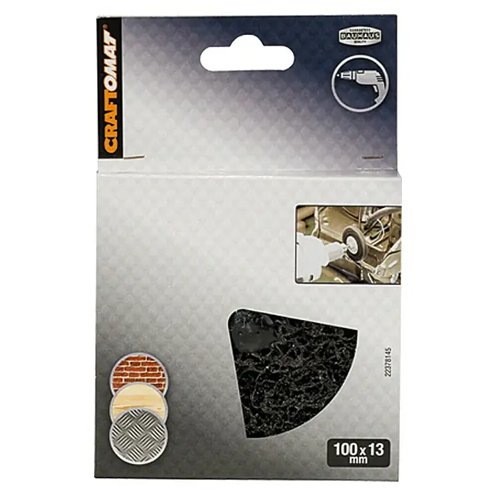Craftomat Disco de limpieza - Malla de carburo de silicio, Específico para: Portabrocas - Imagen de un disco de limpieza Craftomat (100x13 mm) en su embalaje, ideal para el procesamiento de materiales de superficie en diversas superficies.