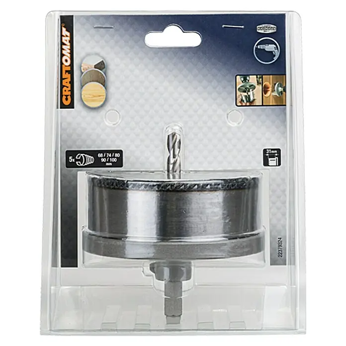 Craftomat Sierra de corona múltiple - 68 mm - 100 mm, Acero, Profundidad de corte: Máx. 31 mm - La imagen muestra una sierra de corona Craftomat en un empaque transparente. Esta sierra es ideal para varios materiales.