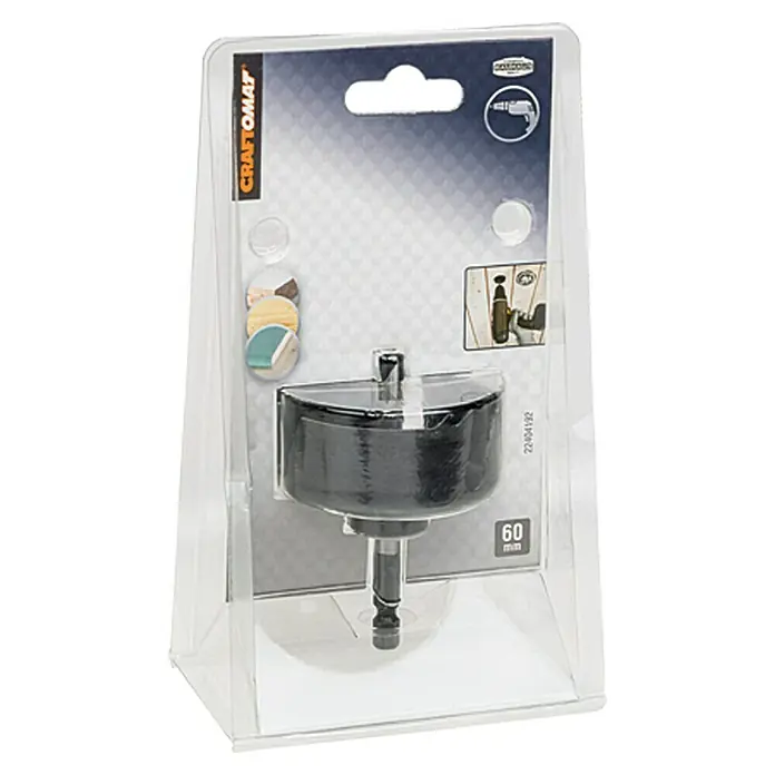 Craftomat Sierra de corona - 60 mm, Hexágono ¼'' - Una sierra de corona Craftomat de 60 mm en un paquete transparente. Ideal para taladrar agujeros en madera o plástico.
