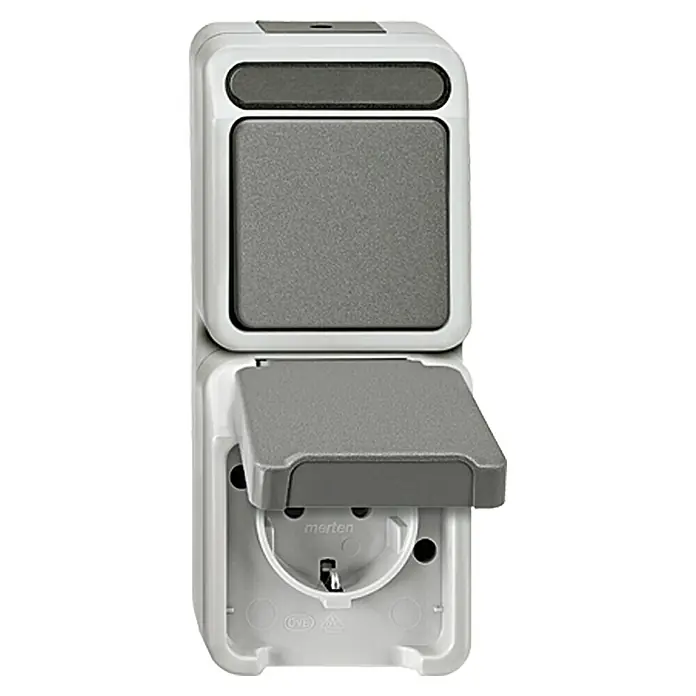 Merten Aquastar Schalterkombination MEG3495-8029 - Grau, 2-fach, Ausrichtung Schalterprogramm: Vertikal, Aufputzmontage, IP44 - Nahaufnahme einer Merten-Schutzkontaktsteckdose mit Klappdeckel in Weiß und Grau, ideal für den Außenbereich.