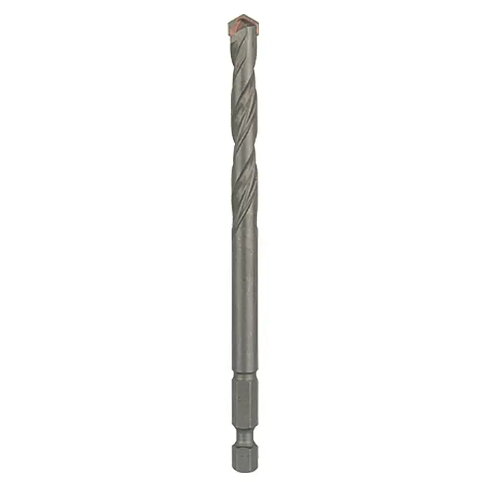 Bosch Broca de centraje - Puntas de metal duro rectificadas, Específico para: Sistema de cambio rápido Bosch Power-Change, Tamaño de accionamiento: Hexágono ¼'' - Primer plano de una broca para mampostería con estrías en espiral y vástago hexagonal. Ideal para perforar ladrillo y piedra.