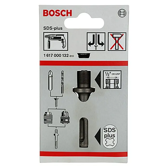 Bosch SDS-Plus Adapter - SDS Plus, Aufnahme: ½″ Gewinde - Abbildung einer Bosch SDS-plus Zubehörpackung mit Bohrern, Schraubendrehereinsätzen und Befestigungselementen für Bohrmaschinen.