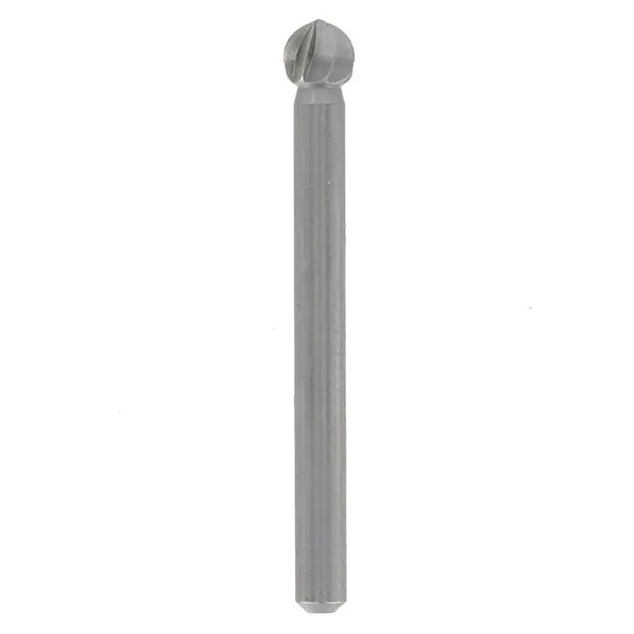Dremel Fräsmesser 114 - Durchmesser Kopf: 7,8 mm, Kugelkopf, Hartmetall, 2 Stk. - Detailaufnahme eines Kugelkopf-Fräsers. Das Werkzeug ist aus Metall und hat einen zylindrischen Schaft.