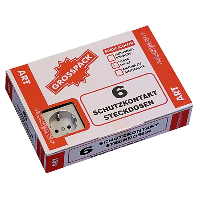Voltomat ART Steckdose - Silber, 6 Stk., Kunststoff - Eine Packung mit 6 silberfarbenen VOLTOMAT Schutzkontakt-Steckdosen im Grosspack, ideal für den Heimwerkerbedarf.