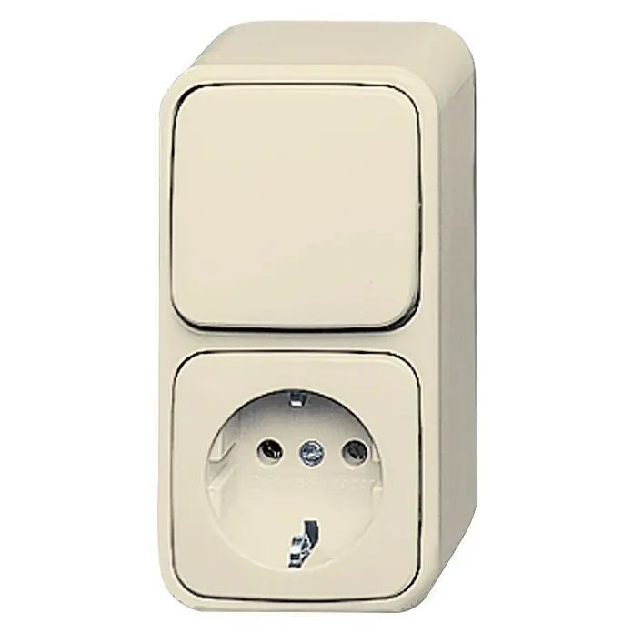 Busch-Jaeger Duro 2000 AP Schalterkombination 2601/6/2300 EAP - Elektroweiß, 2-fach, Aufputzmontage, IP20 - Steckdose mit Schalter. Die Steckdose ist beige und hat eine runde Form. Der Schalter befindet sich über der Steckdose.