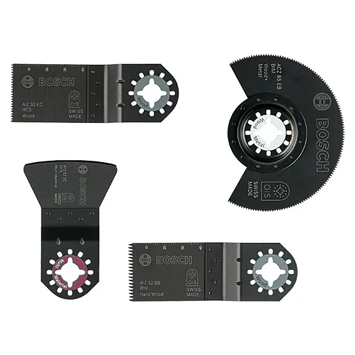 Bosch Boden- & Einbau-Set - 4 -tlg. - Das Bild zeigt eine Auswahl an Bosch-Sägeblättern für Multifunktionswerkzeuge, geeignet für Holz, Metall und Multimaterialien.