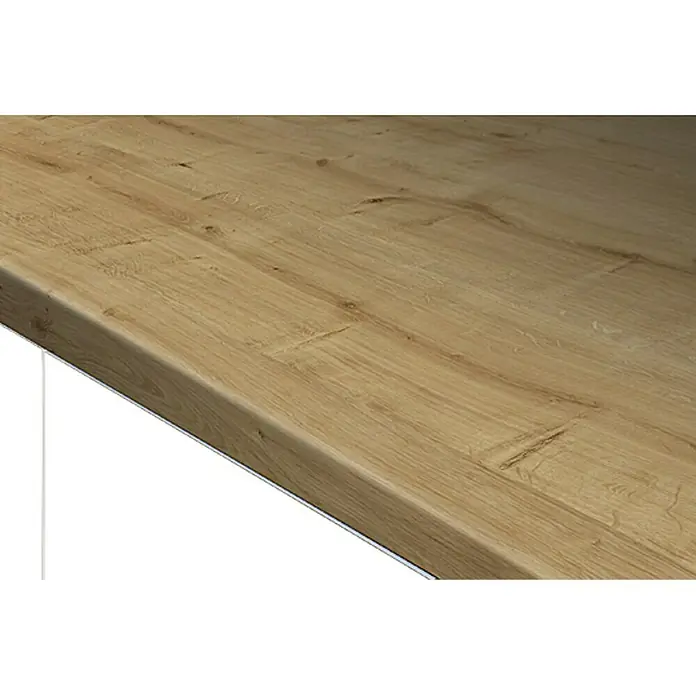 Resopal Basic Küchenarbeitsplatte nach Maß - Mountain Oak, Stärke: 3,8 cm, Breite: 60 cm - Nahaufnahme einer hellen Holzarbeitsplatte mit sichtbarer Maserung und einer glatten Oberfläche. Ideal für Küche oder Arbeitsbereich.