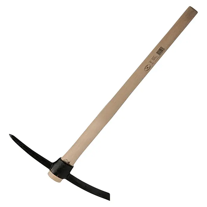 Gardol Kreuzhacke - Material Gerätekopf: Metall, Hackenstiel - Nahaufnahme einer robusten, schwarzen Spitzhacke mit Holzgriff, ideal für Gartenarbeiten und Bauprojekte.