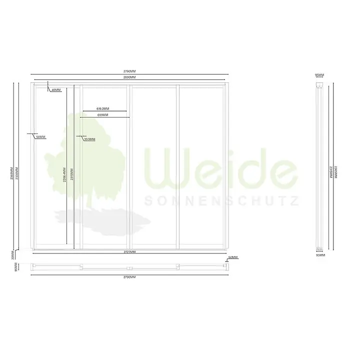Weide Slim Frame Schiebepaneel Alu/Textil 3 m x 9,5 cm x H 235 cm Anthrazit - 