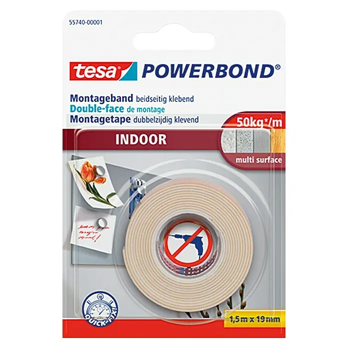 Tesa Powerbond Montageband Indoor - 1,5 m x 19 mm - Tesa Powerbond Montageband für Innenräume, doppelseitig klebend, für eine Last von bis zu 50kg/m, ideal für verschiedene Oberflächen.