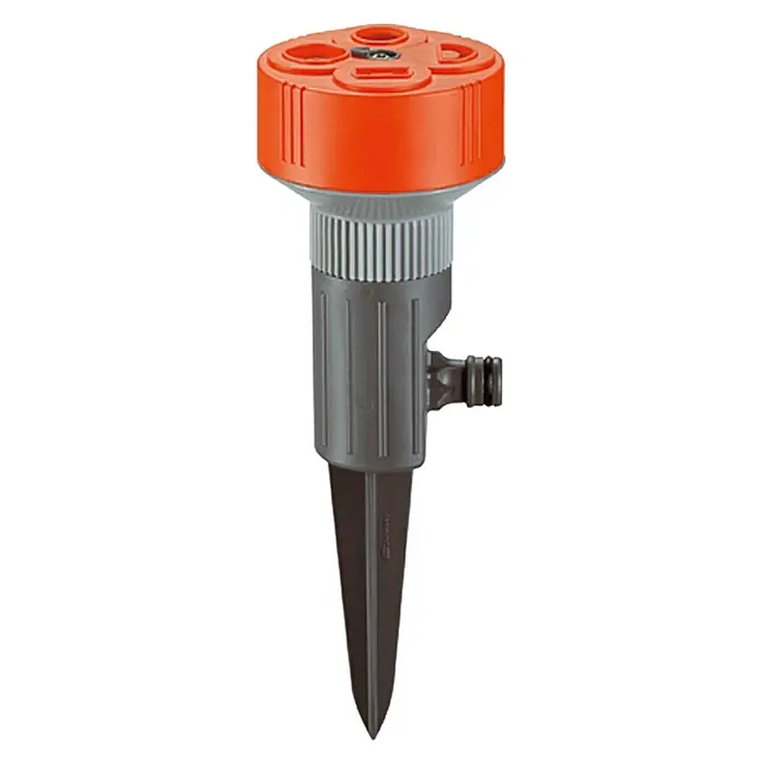 Gardena Classic Regner 4-Flächen-Regner TWIST - Max. Regnerfläche: 100 m², Anzahl Sprühformen: 4 Stk., Erdspieß - Bild einer Gardena Vielflächenregner-Impuls, mit orangem Kopf und grauem Körper, für eine flexible Bewässerung.