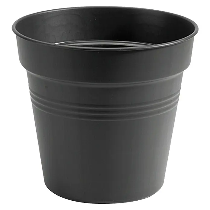 Elho Green Basics Maceta para planta + plato redondo - Dimensiones externas (Ø x Al): 11 x 10 cm, Plástico, Negro - Maceta de plástico negra con diseño acanalado, ideal para plantas de interior y uso exterior.