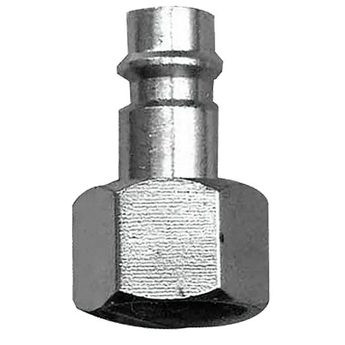 Craftomat Stecknippel - ⅜″ (Innengewinde) - Ein silberner, metallischer Schnellkupplungsnippel mit einem sechseckigen Sockel.