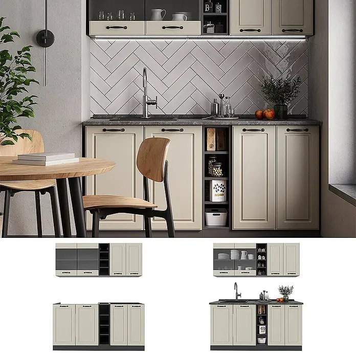 Singleküche R-Line 160 cm Sand Landhaus Art.-Nr. 71004 - 