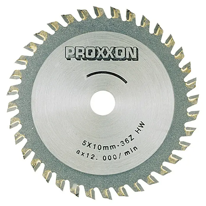 Proxxon Kreissägeblatt No 28732 - 80 mm, Anzahl Zähne: 36 Stk. - Das Bild zeigt eine Proxxon Kreissägeblatt, ein hochwertiges Werkzeug mit feiner Zahnung für präzise Schnitte. Ideal für Modellbau und filigrane Arbeiten.