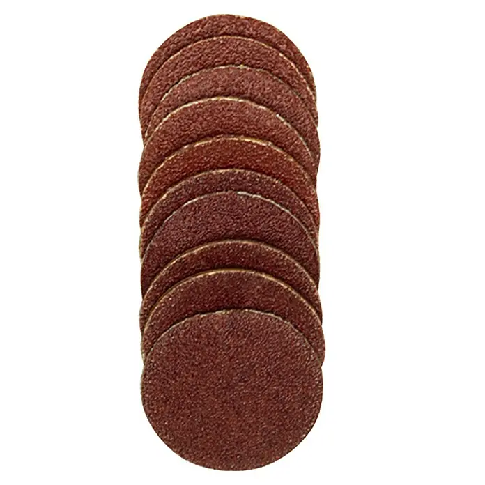 Proxxon Ersatz-Schleifscheiben No 28983 - 18 mm, Körnung: 120 mm - 150 mm, 20 Stk. - Nahaufnahme von einer Stapel brauner Schleifscheiben, die zum Schleifen und Polieren verwendet werden, ideal für Heimwerkerarbeiten.