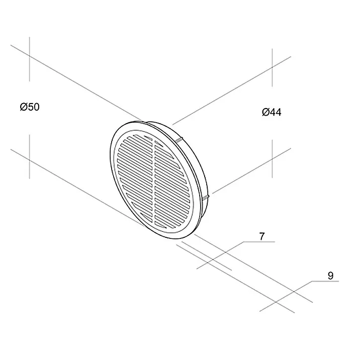 Air-Circle Mauerlüfter - 50 mm, Weiß, 4 Stk. - Abbildung eines runden Bodenablaufs mit Gitter, gekennzeichnet mit Ø50, Ø44, 7 und 9, ideal für Badezimmer und Duschbereiche.