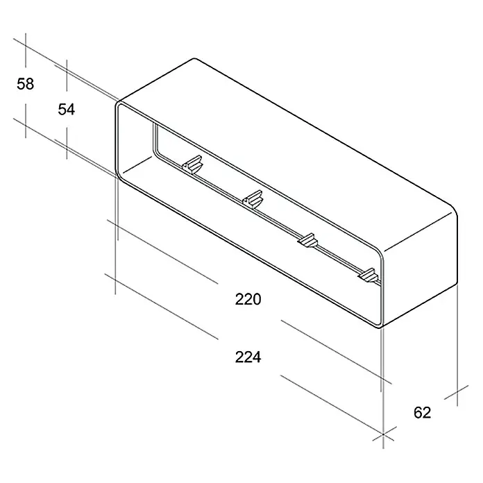 Air-Circle Flachkanal-Verbinder - 220 x 54 mm - Eine isometrische Zeichnung eines quaderförmigen Objekts mit Maßangaben, die die Dimensionen 58, 54, 220, 224 und 62 zeigen.