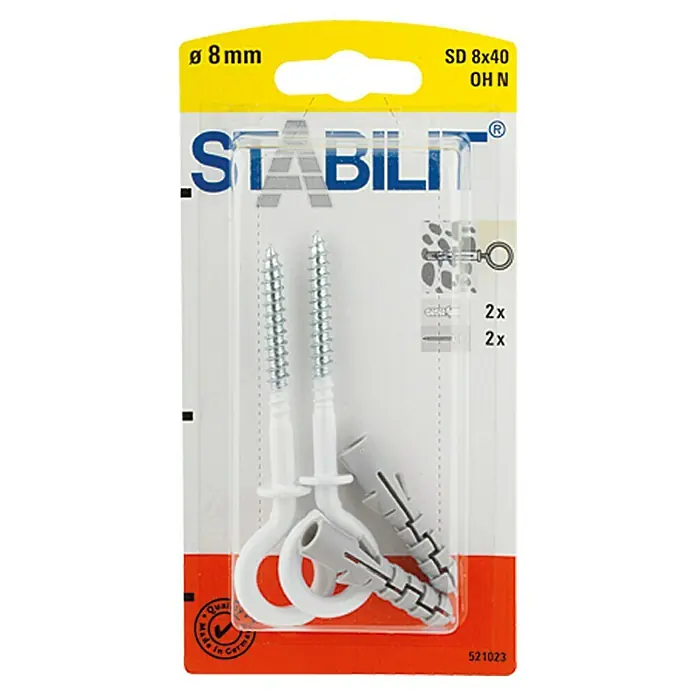 Stabilit Spreizdübel-Set mit Ösenschraube - Durchmesser Dübel: 8 mm, Länge Dübel: 40 mm, Geeignet für: Vollbaustoffe & Mauerwerk, 2 Stk. - Dübel mit Haken, Stabilit SD 8x40 OH N, Befestigungslösung für mittelschwere Lasten an Wänden und Decken.