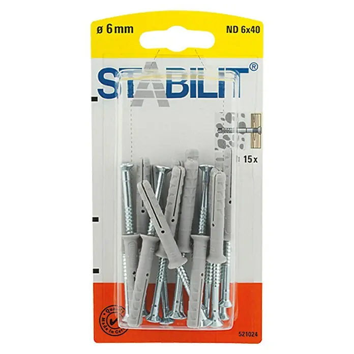 Stabilit Schlagdübel NDDurchmesser Dübel: 6 mm, Länge Dübel: 40 mm, Geeignet für: Vollbaustoffe & Mauerwerk, 15 Stk. - Eine Packung Stabilitaets Dübel mit Schrauben, Durchmesser 6 mm und einer Länge von 40 mm, ideal für sichere Befestigungen.