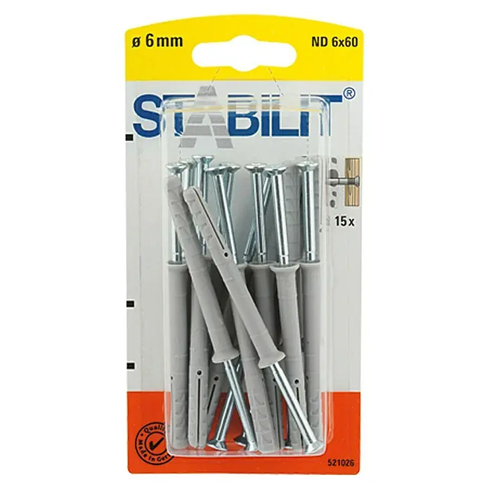 Stabilit Schlagdübel ND - Durchmesser Dübel: 6 mm, Länge Dübel: 60 mm, Geeignet für: Vollbaustoffe & Mauerwerk, 15 Stk. - Packung mit 15 Stk. STABILIT Nagel-Dübeln ND 6x60 mm. Die Nagel-Dübel sind ideal für Befestigungen in Beton, Ziegel und Naturstein.