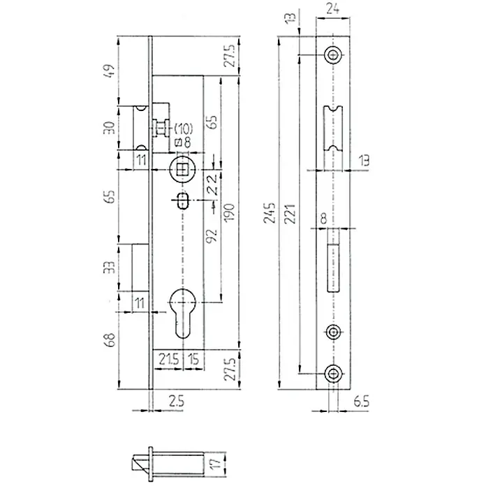 Stabilit Einsteckschloss - Links/Rechts, Dornmaß: 20 mm - Technische Zeichnung eines Einsteckschlosses mit detaillierten Maßangaben für Installation und Design.