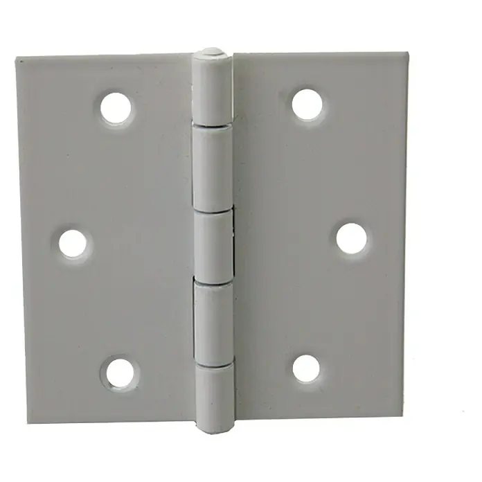 Stabilit Scharnier - 60 x 60 mm, Sonstige, Weiß - Nahaufnahme eines weißen Türscharniers, das in zwei quadratische Teile unterteilt ist, die durch einen zylindrischen Stift verbunden sind.