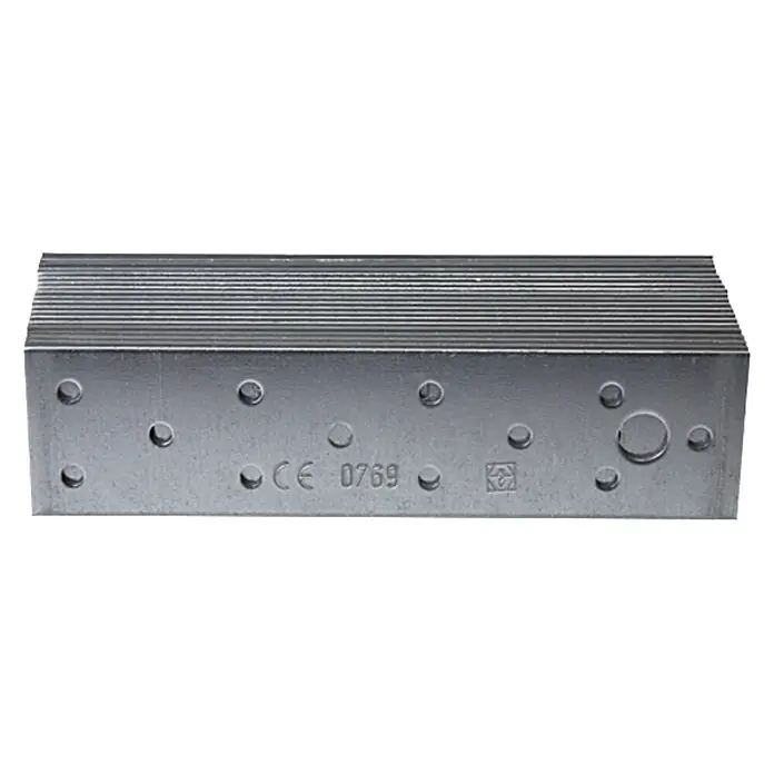 Vormann Placa perforada Paquete ahorro - L x An: 200 x 20 cm, Espesor: 2 mm, 20 ud. - La imagen muestra un soporte de viga plateado con ranuras y varios agujeros perforados para la fijación.