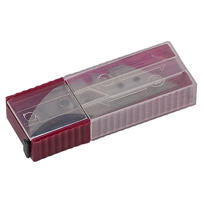 Wisent Universalklinge TH 5 - Klingenstärke: 0,6 mm, 5 Stk. - Das Bild zeigt eine Packung mit Präzisionsklingen in einer rot-transparenten Aufbewahrungsbox mit Schiebedeckel für sichere Lagerung.