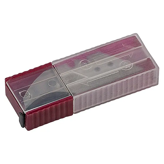 Wisent Universalklinge TH 5 - Klingenstärke: 0,6 mm, 5 Stk. - Das Bild zeigt eine Packung mit Präzisionsklingen in einer rot-transparenten Aufbewahrungsbox mit Schiebedeckel für sichere Lagerung.