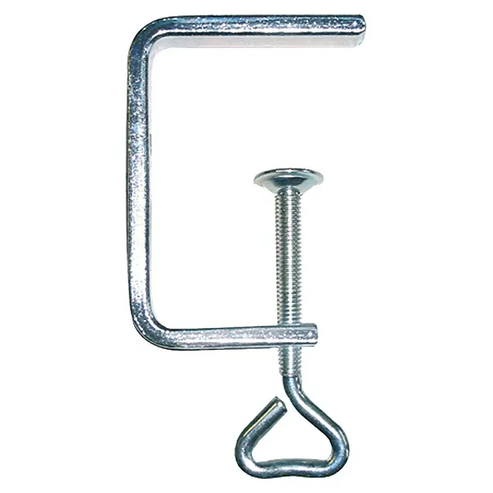 Wisent Laubsägezwinge - 65 mm - Nahaufnahme einer Tischklemme aus Metall mit Schraubverschluss, ein robustes Werkzeug zum sicheren Befestigen von Gegenständen auf Oberflächen.