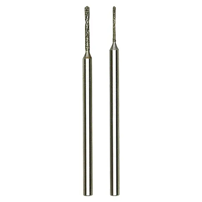 Proxxon Diamant-Spiralbohrer No 28255 - Durchmesser Schaft: 2,35 mm, 2 Stk. - Nahaufnahme von zwei silberfarbenen Präzisionsbohrern, ideal für detaillierte Arbeiten und feine Materialbearbeitung.
