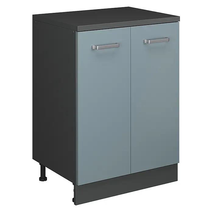 Küchenschrank für Dachschrägen R-Line 60 cm Blau-Grau Art.-Nr. 61748 -  - Zweitüriger Unterschrank mit dunkelgrauer Platte, blaugrauen Türen und silbernen Griffen.