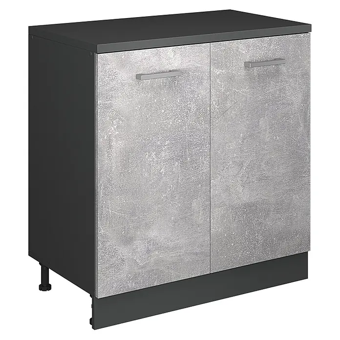 Küchenschrank für Dachschrägen R-Line 80 cm Beton Art.-Nr. 61788 -  - Zweitüriger Unterschrank mit dunkelgrauem Korpus und Türen in Betonoptik, mit silbernen Griffen und verstellbaren Füßen.