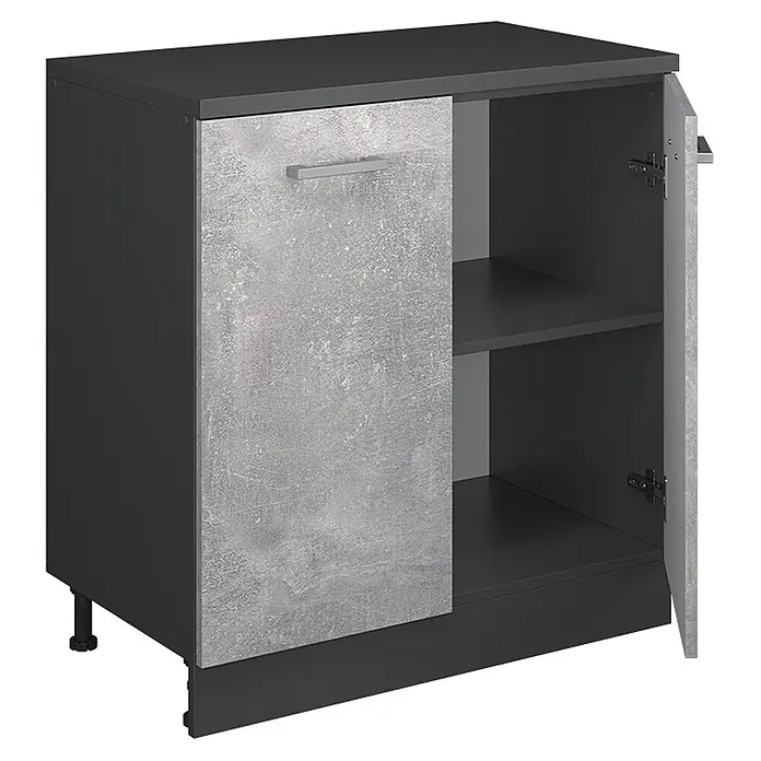 Küchenschrank für Dachschrägen R-Line 80 cm Beton Art.-Nr. 61788 -  - Dunkelgrauer Küchenunterschrank mit Betontür, teilweise offen, zeigt Innenregal und verstellbare Füße.