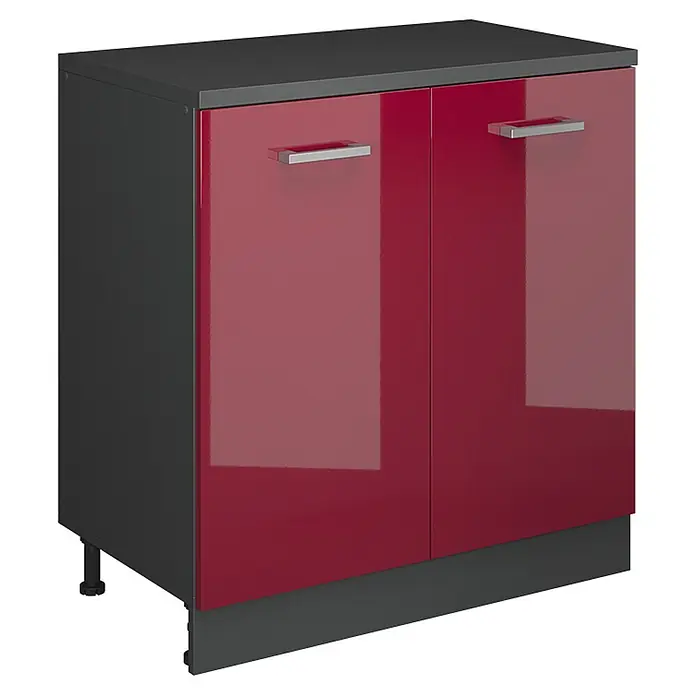 Küchenschrank für Dachschrägen R-Line 80 cm Rot Hochglanz Art.-Nr. 61791 -  - Zweitüriger Küchenunterschrank mit dunkelgrauem Korpus und hochglanzroten Türen, mit silbernen Griffen und passendem Sockel.