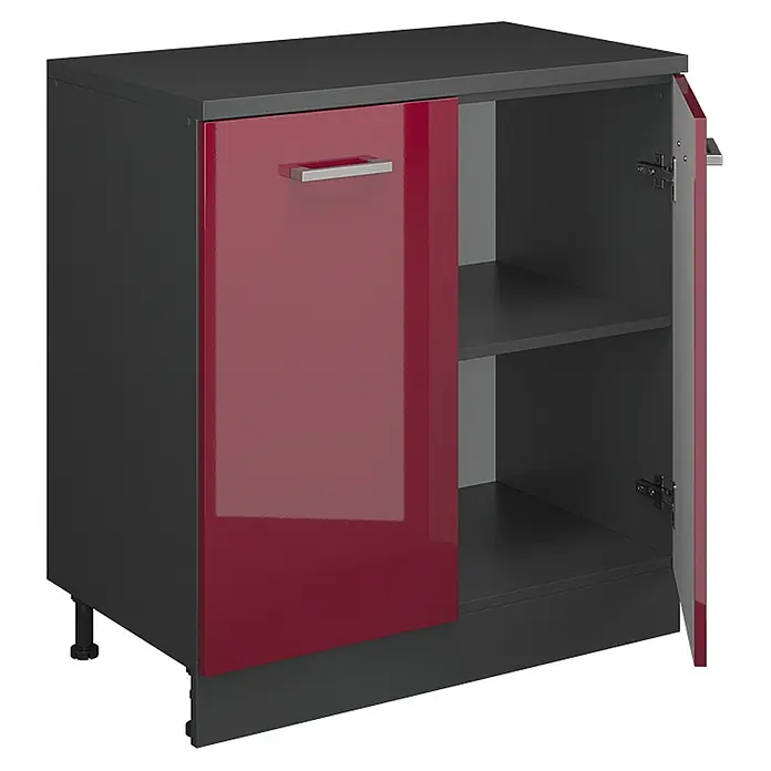 Küchenschrank für Dachschrägen R-Line 80 cm Rot Hochglanz Art.-Nr. 61791 -  - Dunkelgrauer Küchenunterschrank mit glänzender roter Tür, Chromgriff und offenem Fach mit Einlegeboden. Eine Tür ist geöffnet.