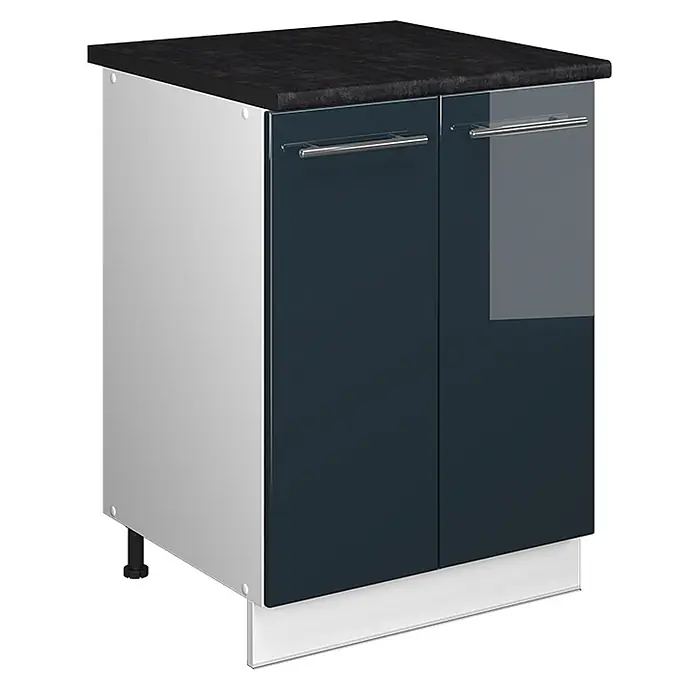 Spülenunterschrank Fame-Line 60 cm Dunkelblau Hochglanz Art.-Nr. 65098 -  - Dunkelblauer Hochglanz-Küchenunterschrank mit schwarzer Arbeitsplatte, silbernen Griffen und weißer Sockelleiste.